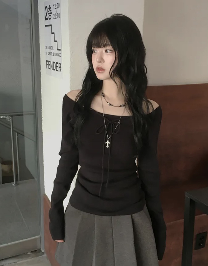 BLACK NOTE韓國直郵實拍女士新款休閑熱賣時尚針織衫露肩BLACK NOTE針織衫