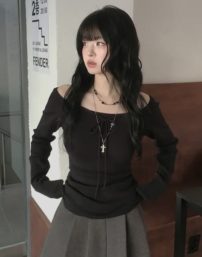 BLACK NOTE韓國直郵實拍女士新款休閑熱賣時尚針織衫露肩BLACK NOTE針織衫