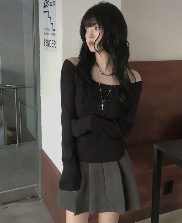 BLACK NOTE韓國直郵實拍女士新款休閑熱賣時尚針織衫露肩BLACK NOTE針織衫