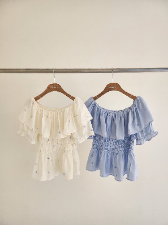 FEMME韓國代購女裝新款熱賣職業時尚26春夏襯衫蕾絲衫刺繡露肩FEMME襯衫/蕾絲衫