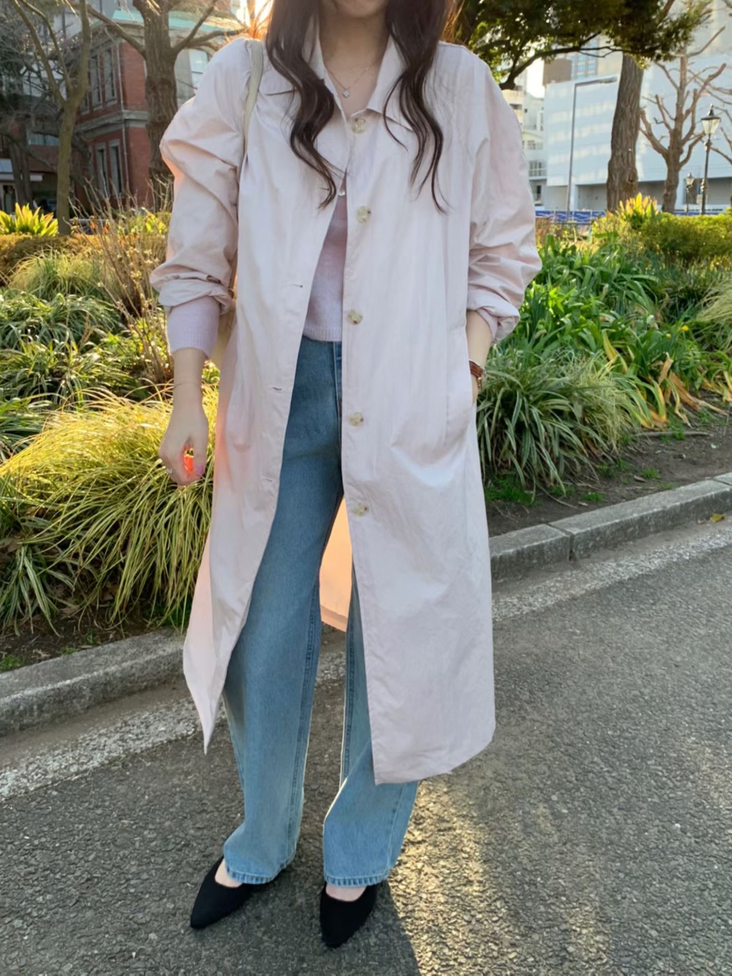 PYT-ot東大門代購女裝新款推薦職業休閑人氣長款風衣含腰帶pretty young thing長款風衣