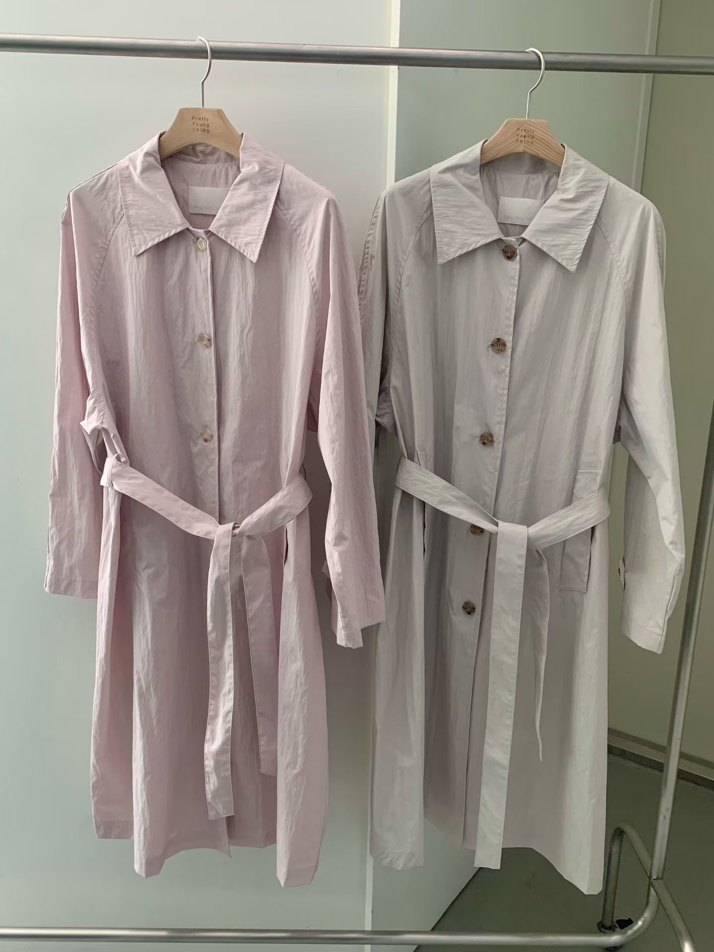 PYT-ot東大門代購女裝新款推薦職業休閑人氣長款風衣含腰帶pretty young thing長款風衣