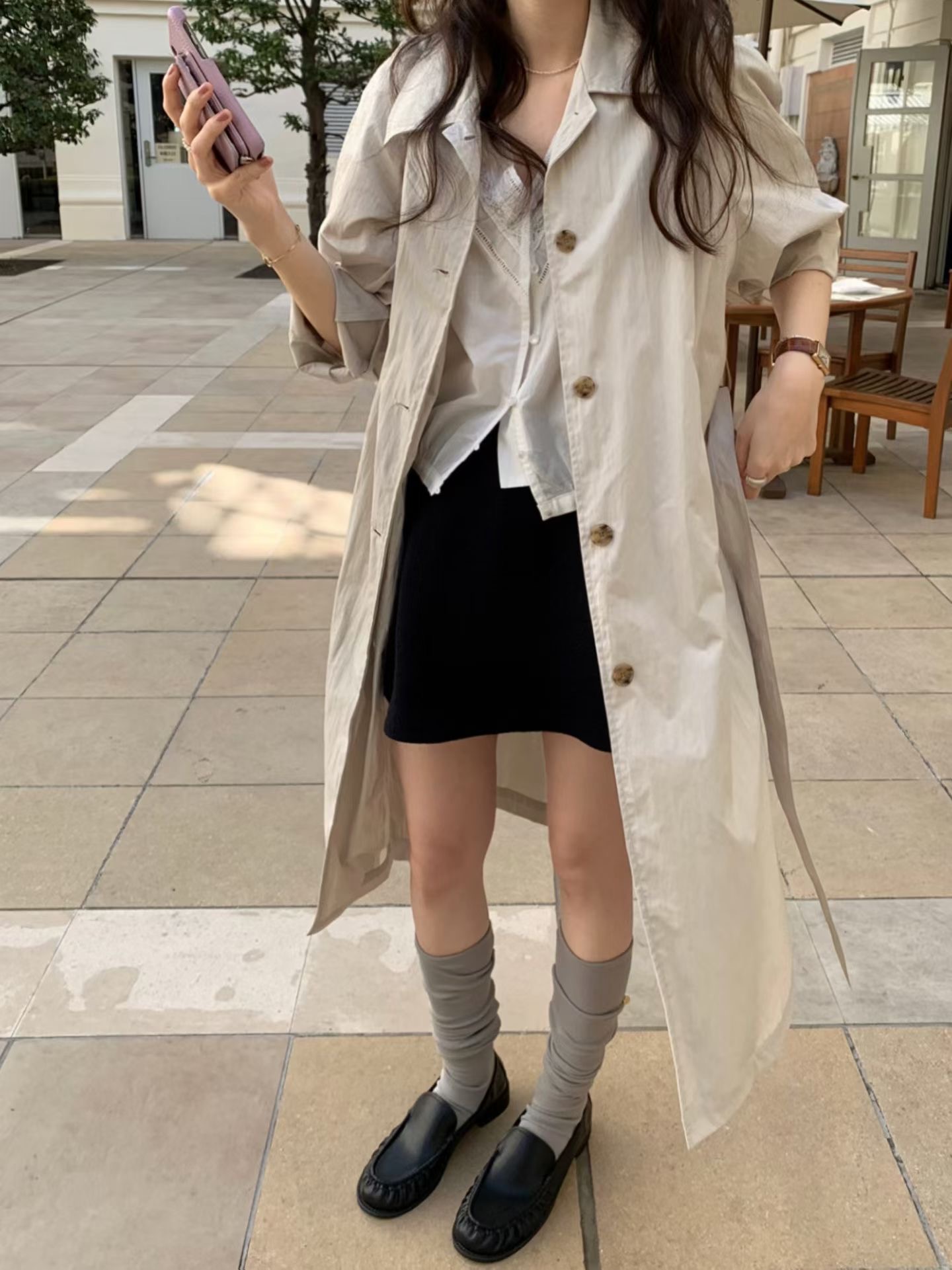 PYT-ot東大門代購女裝新款推薦職業休閑人氣長款風衣含腰帶pretty young thing長款風衣圖色1