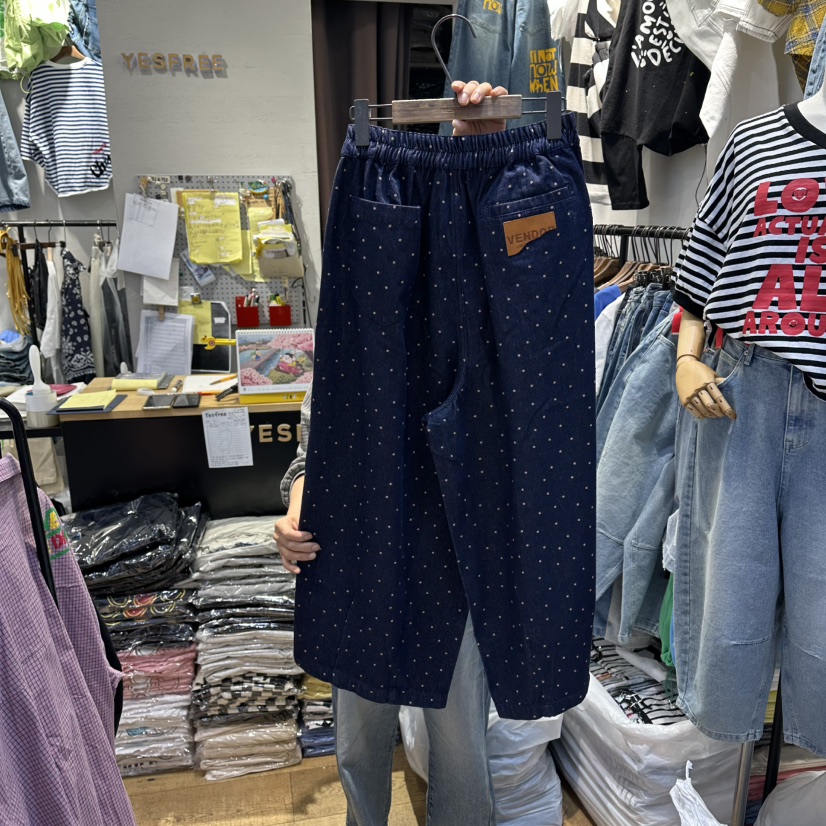 YESFREE韓國直郵實拍女裝新款26春夏職業牛仔褲圓點牛仔布YESFREE牛仔褲
