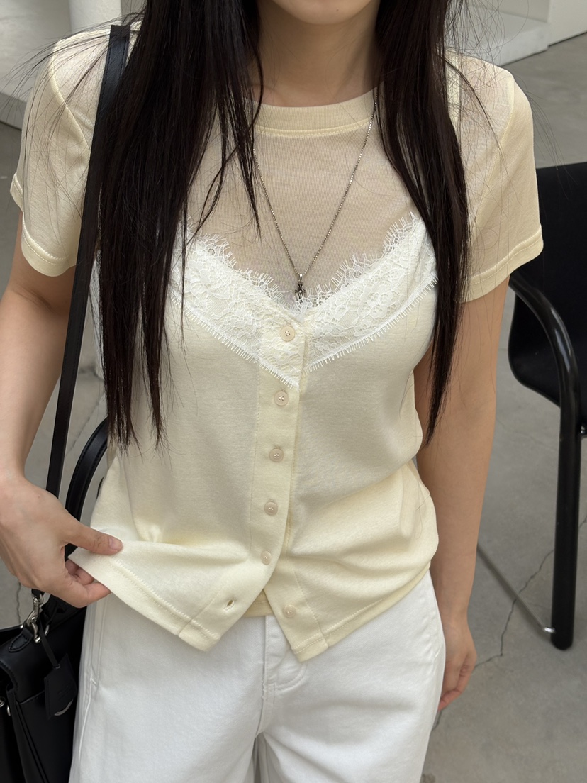 Verbena韓國代購女士新款熱賣職業推薦T恤假兩件天絲蕾絲VerbenaT恤