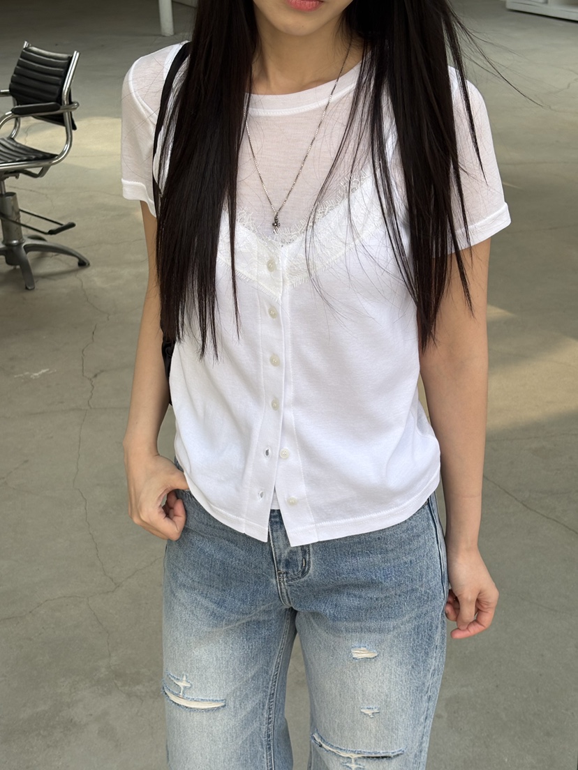 Verbena韓國代購女士新款熱賣職業推薦T恤假兩件天絲蕾絲VerbenaT恤