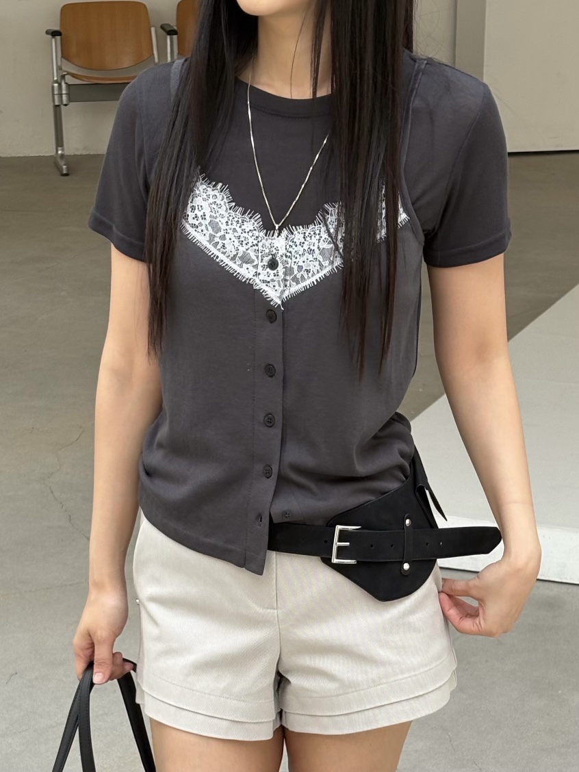 Verbena韓國代購女士新款熱賣職業推薦T恤假兩件天絲蕾絲VerbenaT恤