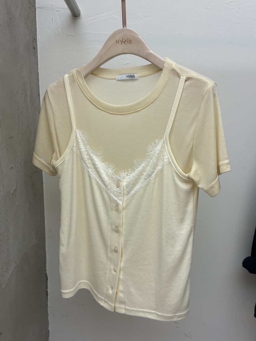 Verbena韓國代購女士新款熱賣職業推薦T恤假兩件天絲蕾絲VerbenaT恤圖色2