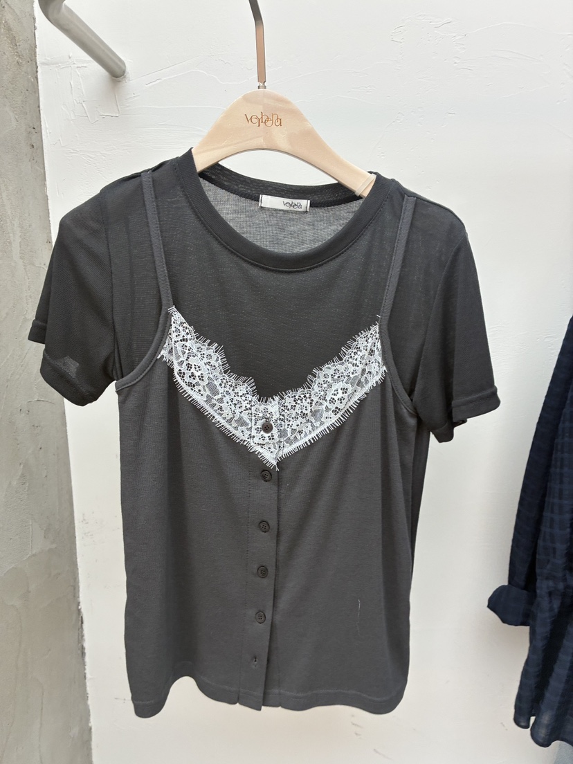 Verbena韓國代購女士新款熱賣職業推薦T恤假兩件天絲蕾絲VerbenaT恤圖色3