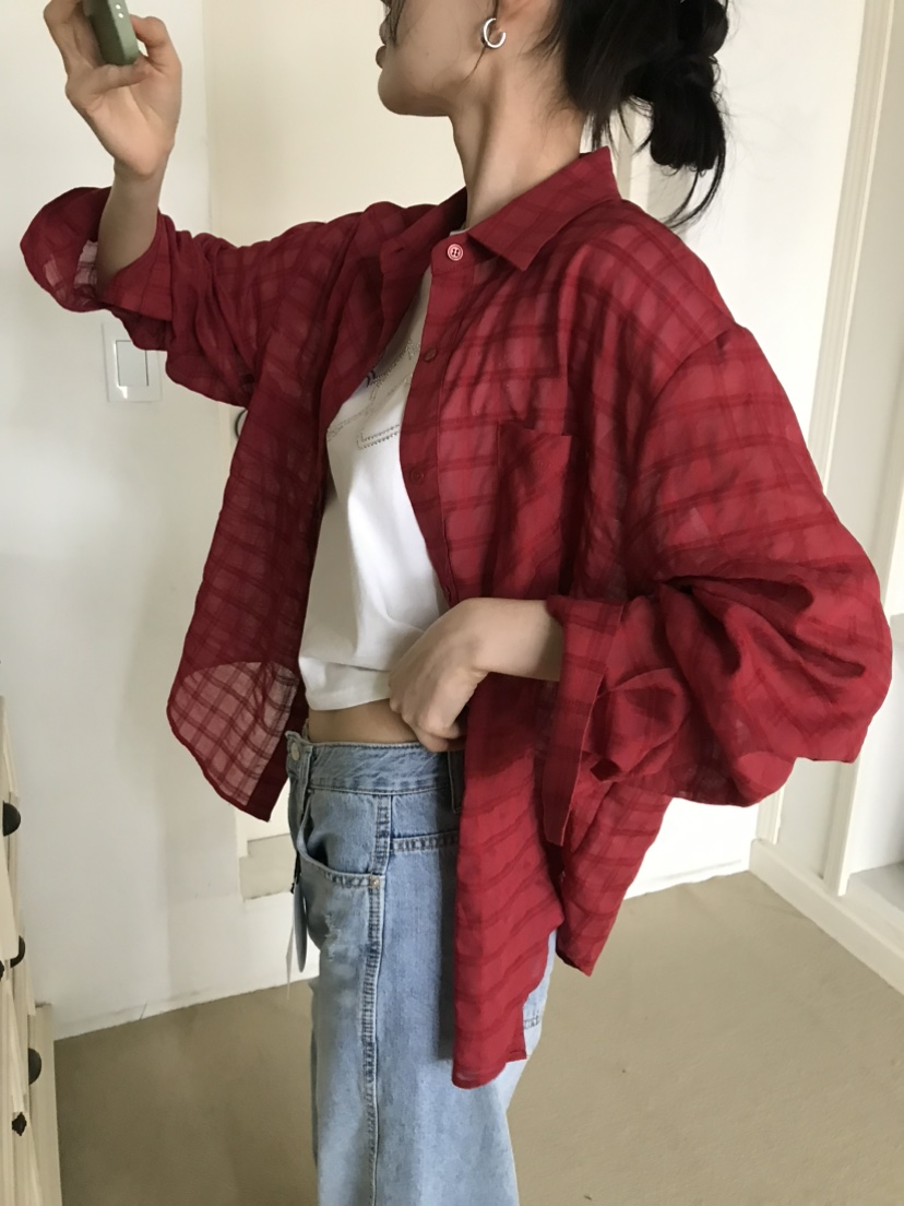 ME MO韓國直郵女裝新款熱賣時尚襯衫蕾絲衫不含內搭格紋ME MO襯衫/蕾絲衫