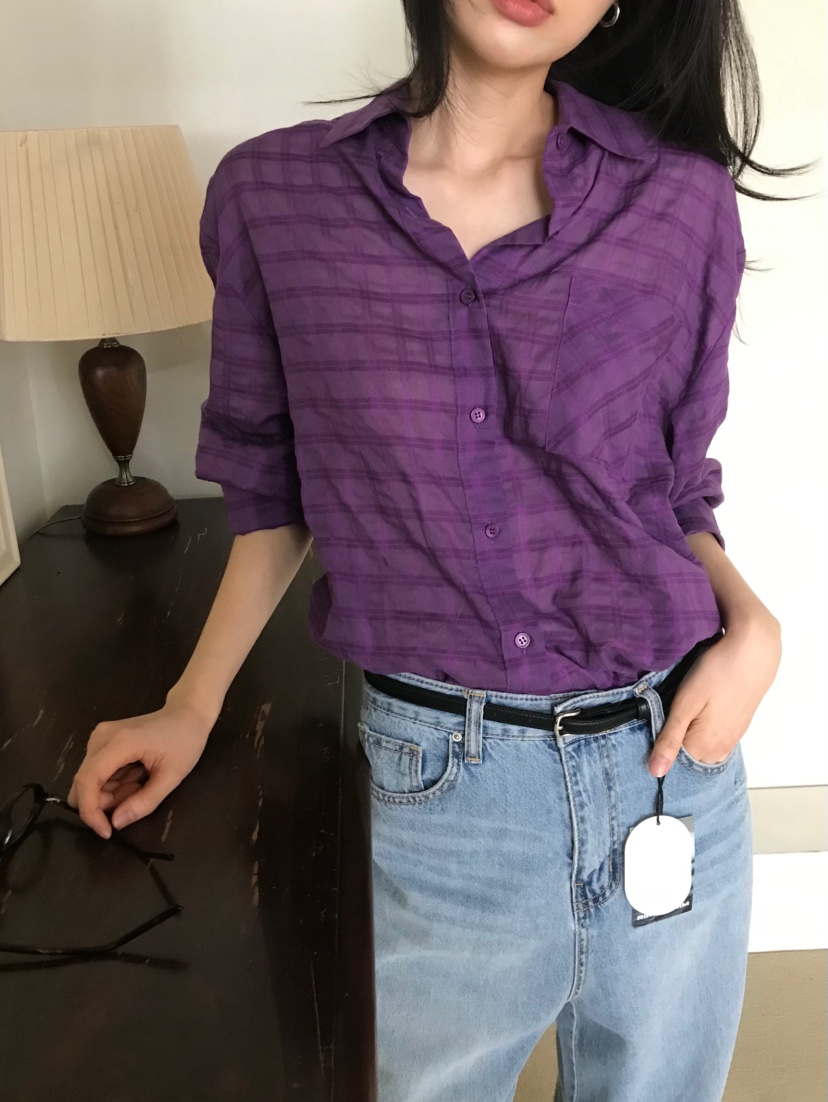 ME MO韓國直郵女裝新款熱賣時尚襯衫蕾絲衫不含內搭格紋ME MO襯衫/蕾絲衫圖色2