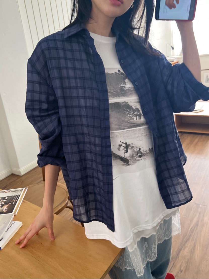 ME MO韓國直郵女裝新款熱賣時尚襯衫蕾絲衫不含內搭格紋ME MO襯衫/蕾絲衫圖色3