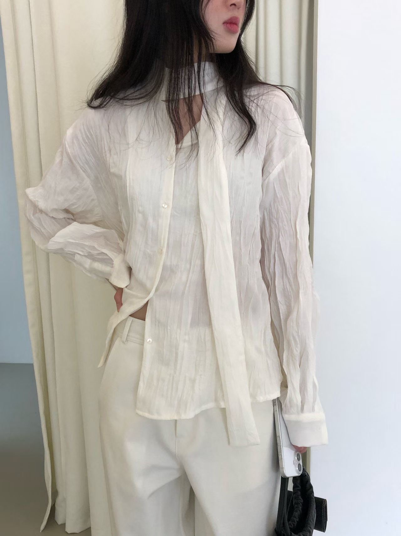 WEATHER韓國直郵女士新款時尚真品26春夏襯衫蕾絲衫系帶褶裥GOBSLMURI-ot襯衫/蕾絲衫