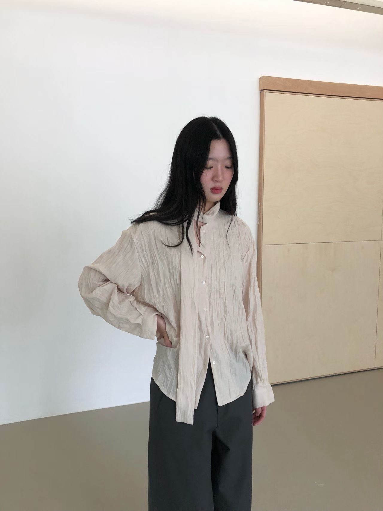 WEATHER韓國直郵女士新款時尚真品26春夏襯衫蕾絲衫系帶褶裥GOBSLMURI-ot襯衫/蕾絲衫