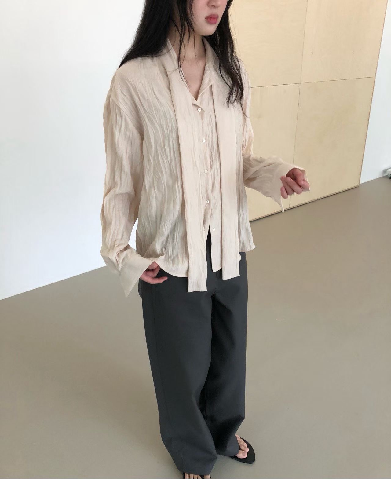 WEATHER韓國直郵女士新款時尚真品26春夏襯衫蕾絲衫系帶褶裥GOBSLMURI-ot襯衫/蕾絲衫圖色1