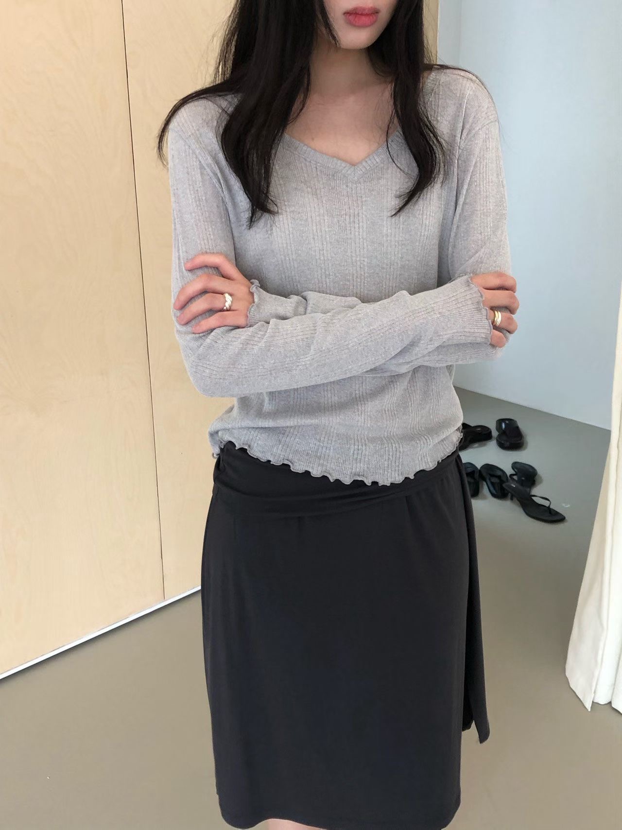 WEATHER東大門實拍女裝新款真品時尚人氣長袖T恤V領透明羅紋GOBSLMURI-ot長袖T恤