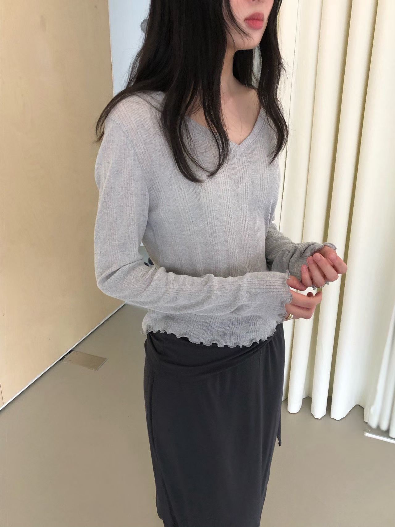 WEATHER東大門實拍女裝新款真品時尚人氣長袖T恤V領透明羅紋GOBSLMURI-ot長袖T恤