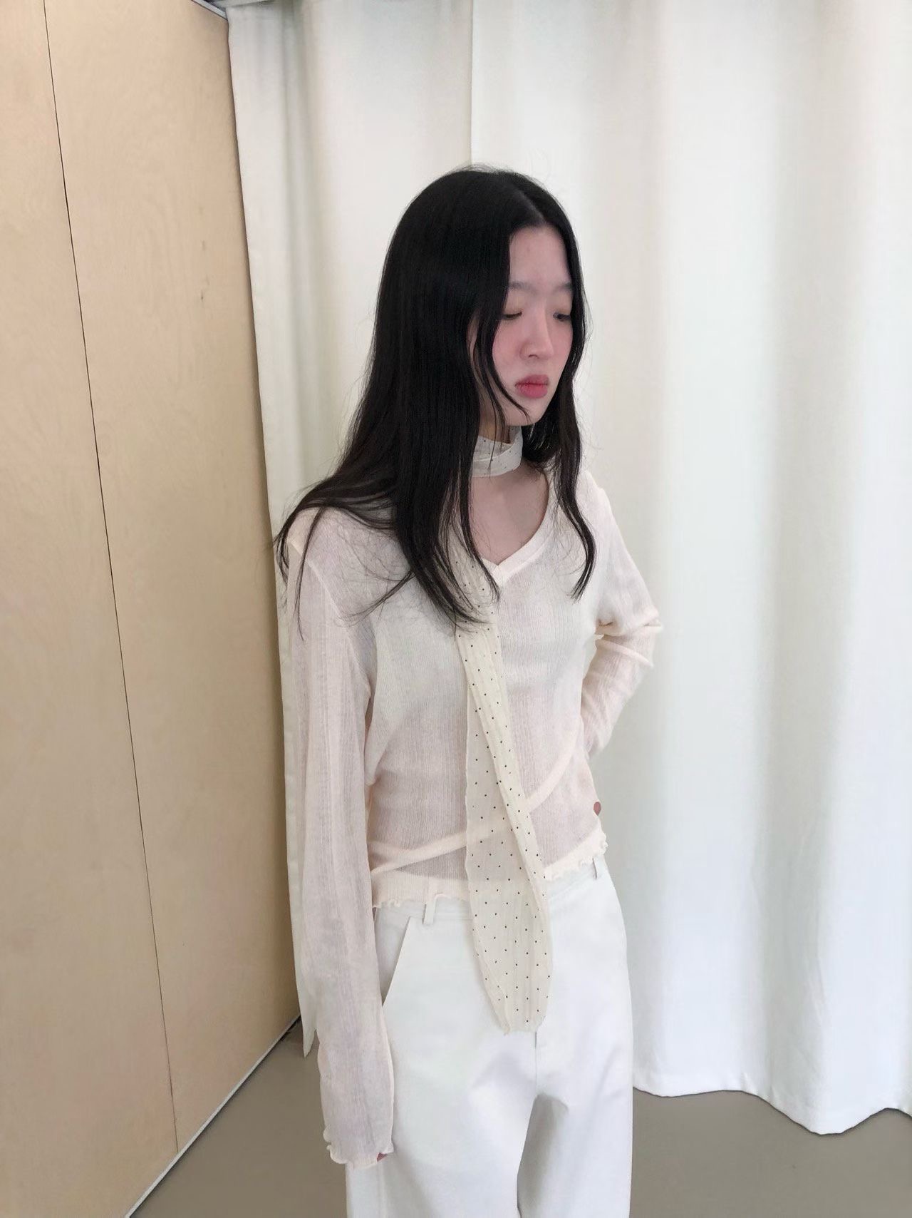 WEATHER東大門實拍女裝新款真品時尚人氣長袖T恤V領透明羅紋GOBSLMURI-ot長袖T恤