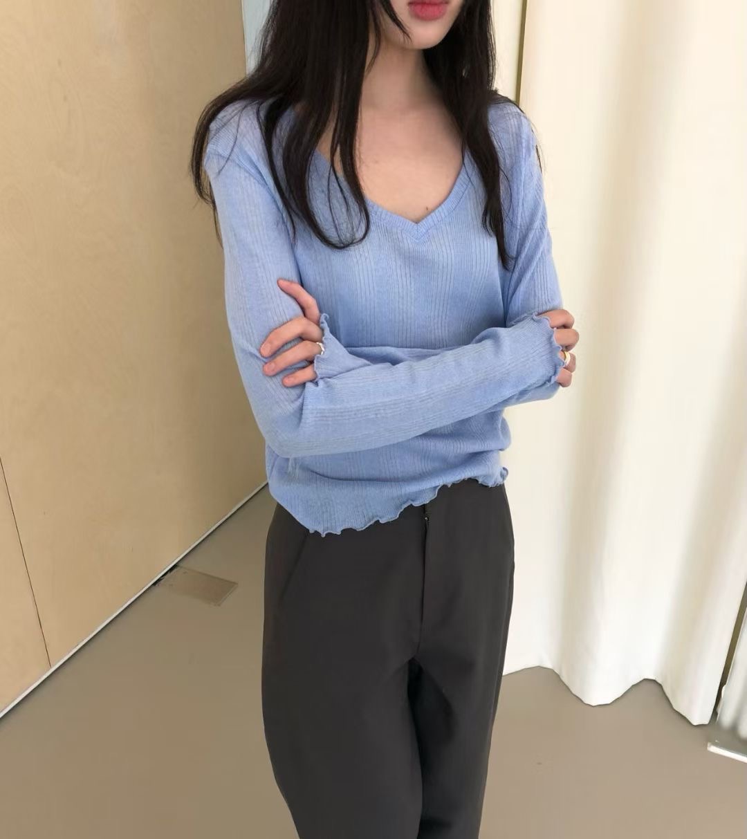 WEATHER東大門實拍女裝新款真品時尚人氣長袖T恤V領透明羅紋GOBSLMURI-ot長袖T恤圖色3