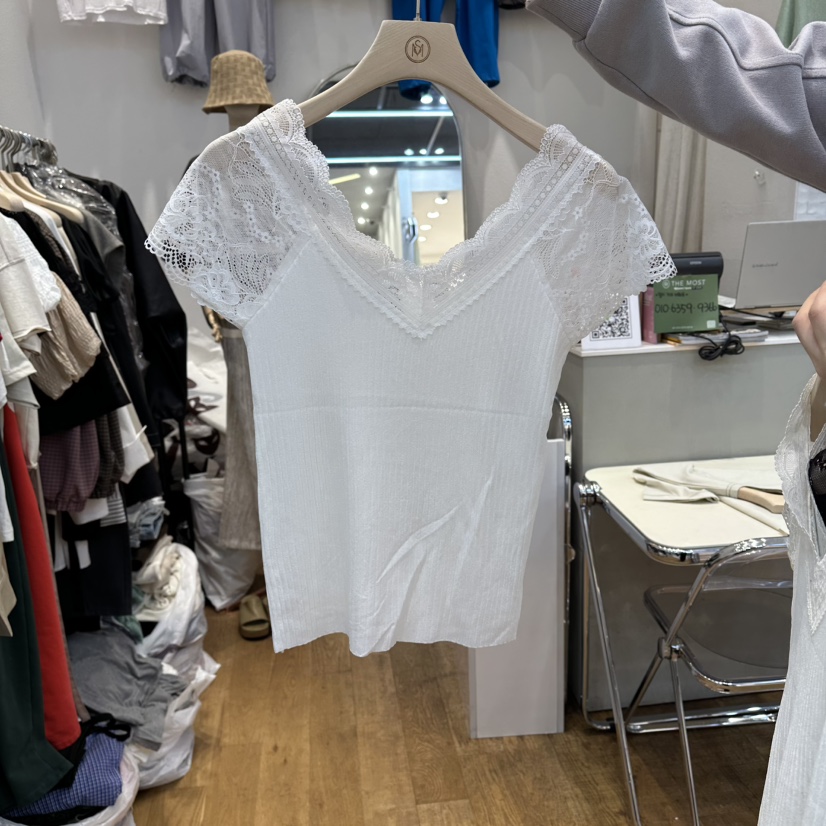 THE MOST-Q東大門代購女裝新款職業26春夏休閑T恤V領蕾絲THE MOSTT恤圖色1白色