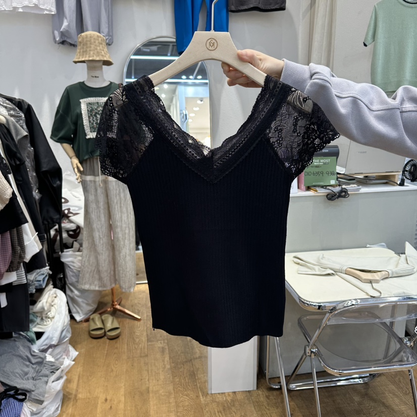 THE MOST-Q東大門代購女裝新款職業26春夏休閑T恤V領蕾絲THE MOSTT恤圖色3