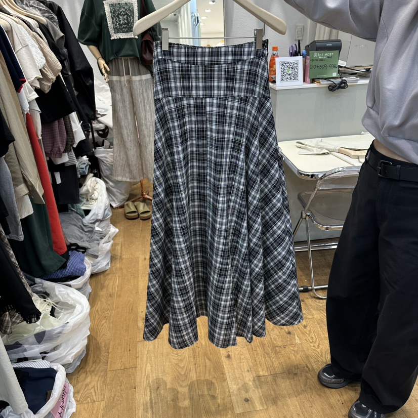 THE MOST-Q韓國直郵女士新品休閑熱賣推薦長裙格子雪紡THE MOST長裙