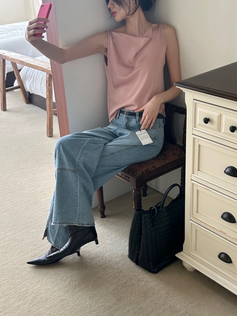 ME MO韓國代購女士新款熱賣時尚推薦人氣休閑吊帶背心緞面ME MO吊帶/背心