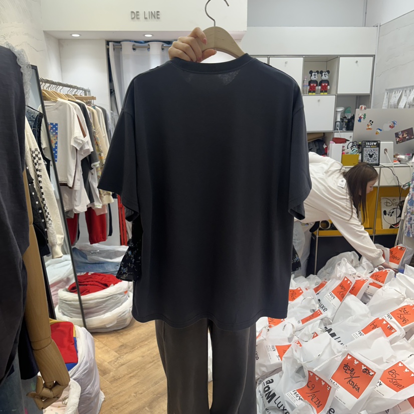DE LINE韓國代購女裝新款推薦職業時尚休閑T恤假兩件花朵DE LINET恤