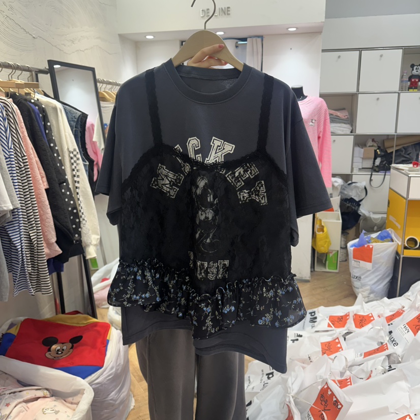 DE LINE韓國代購女裝新款推薦職業時尚休閑T恤假兩件花朵DE LINET恤圖色2