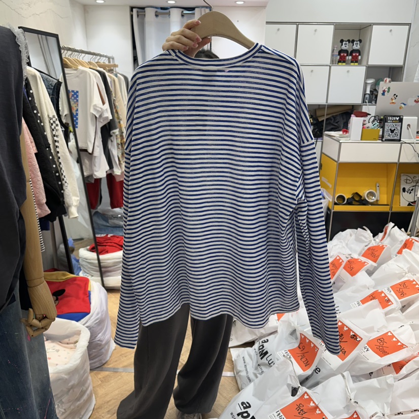DE LINE韓國直郵實拍女裝新品推薦26春夏長袖T恤亞麻條紋DE LINE長袖T恤