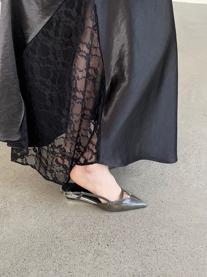 STAY HERE韓國東大門直郵女士新款人氣時尚長裙蕾絲緞面STAY HERE長裙