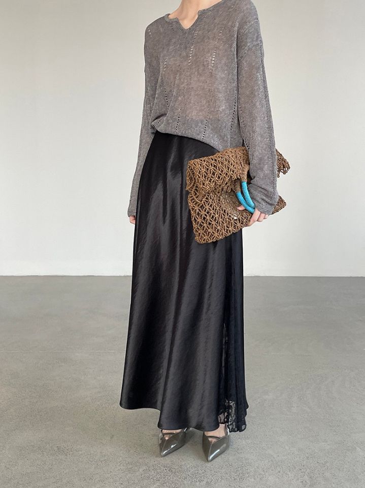 STAY HERE韓國東大門直郵女士新款人氣時尚長裙蕾絲緞面STAY HERE長裙