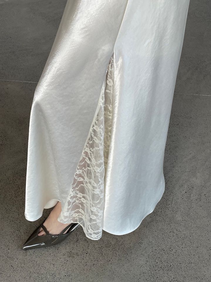 STAY HERE韓國東大門直郵女士新款人氣時尚長裙蕾絲緞面STAY HERE長裙