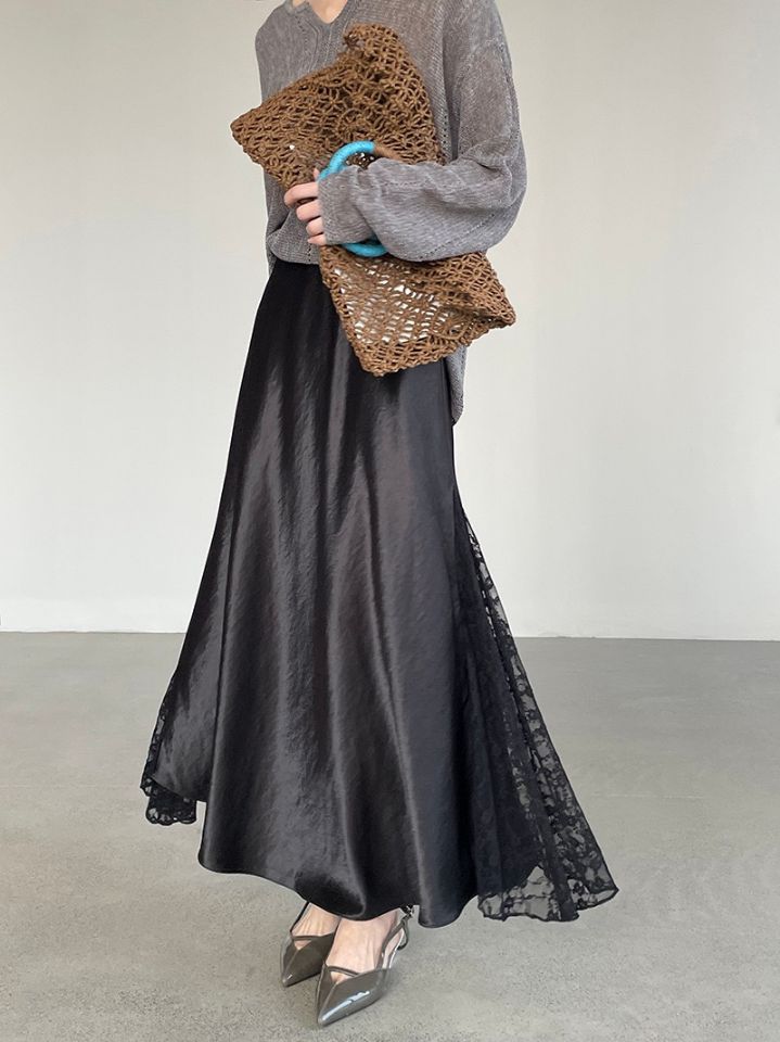 STAY HERE韓國東大門直郵女士新款人氣時尚長裙蕾絲緞面STAY HERE長裙圖色2