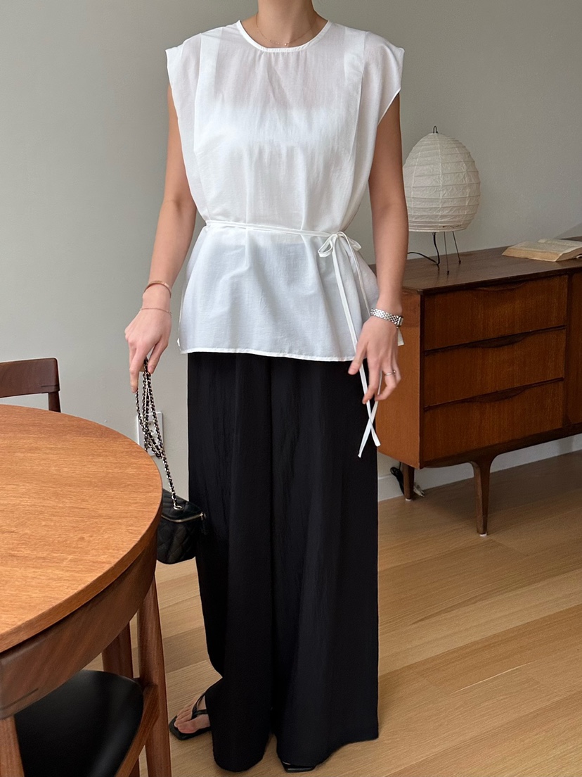 LE VASE韓國東大門直郵女裝新款時尚休閑襯衫蕾絲衫含腰繩LE VASE襯衫/蕾絲衫