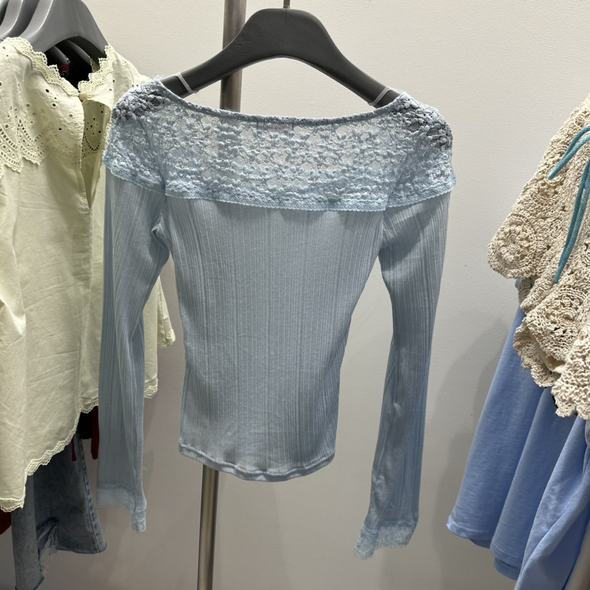 TARABY MOTION韓國直郵實拍女士新款推薦長袖T恤撞色蕾絲TARABY MOTION長袖T恤