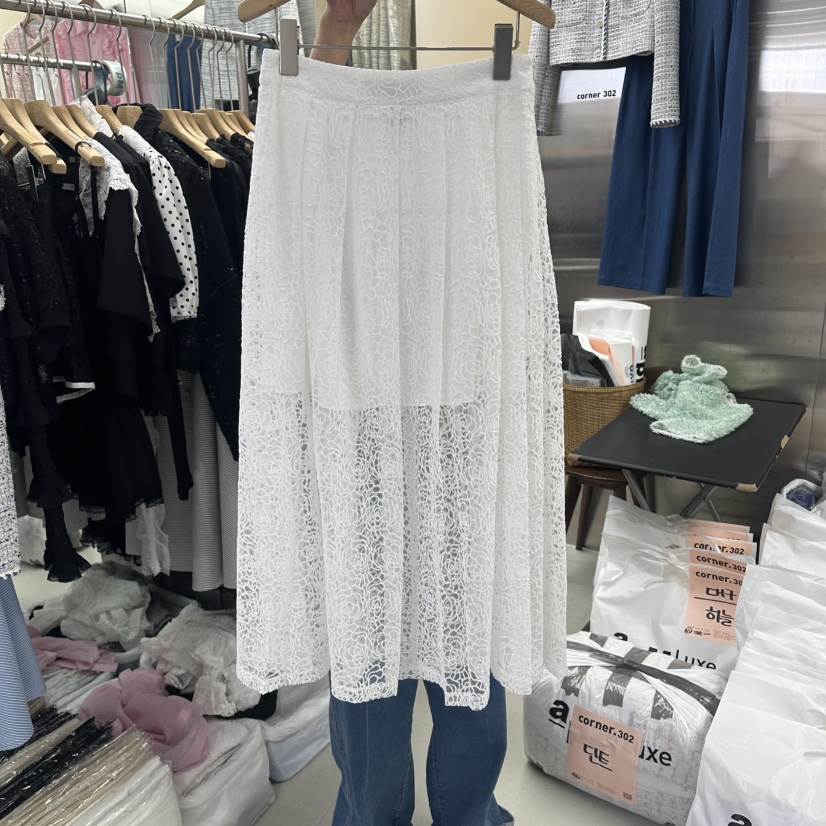 CORNER韓國代購女裝新款休閑推薦26春夏熱賣長裙蕾絲褶裥CORNER.302長裙圖色1白色