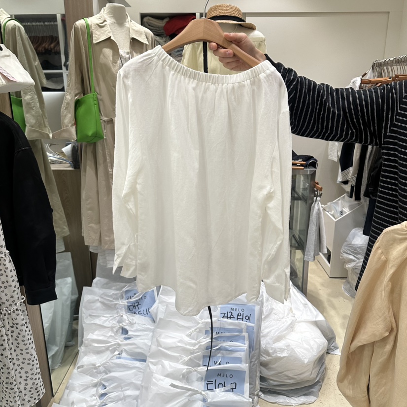 MELO韓國代購女裝新品時尚人氣襯衫蕾絲衫含腰帶露肩亞麻MELO襯衫/蕾絲衫