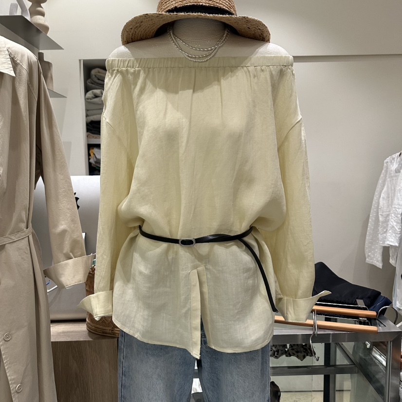 MELO韓國代購女裝新品時尚人氣襯衫蕾絲衫含腰帶露肩亞麻MELO襯衫/蕾絲衫圖色1奶油色