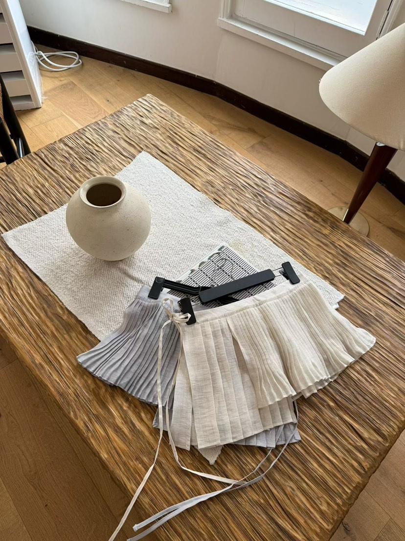 TUG韓國代購女裝新品26春夏職業人氣推薦休閑短裙褶裥亞麻TUG短裙