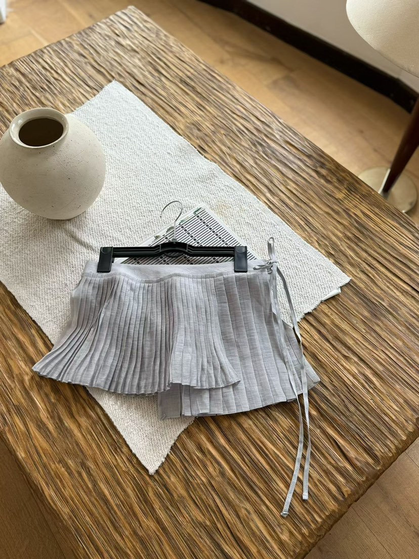 TUG韓國代購女裝新品26春夏職業人氣推薦休閑短裙褶裥亞麻TUG短裙圖色2