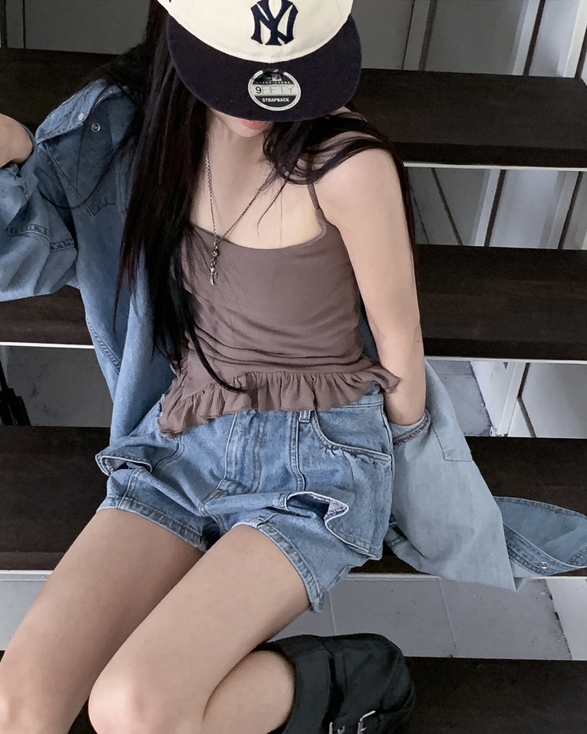 OURWAVE/OUR ROOM韓國代購女士新品時尚吊帶背心荷葉邊Our Wave/Our Room吊帶/背心