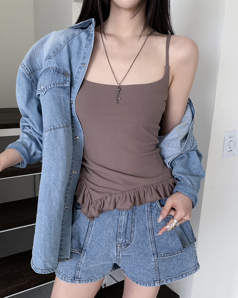 OURWAVE/OUR ROOM韓國代購女士新品時尚吊帶背心荷葉邊Our Wave/Our Room吊帶/背心