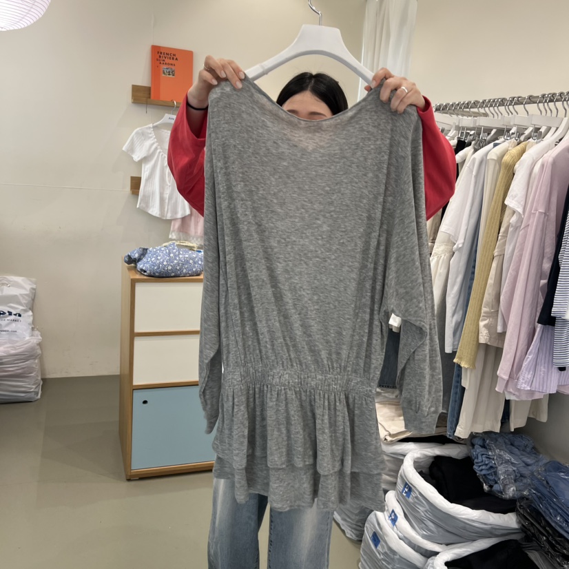 ARE東大門代購女裝新品時尚熱賣26春夏休閑長袖T恤船領褶皺ARE YOU/ARE長袖T恤