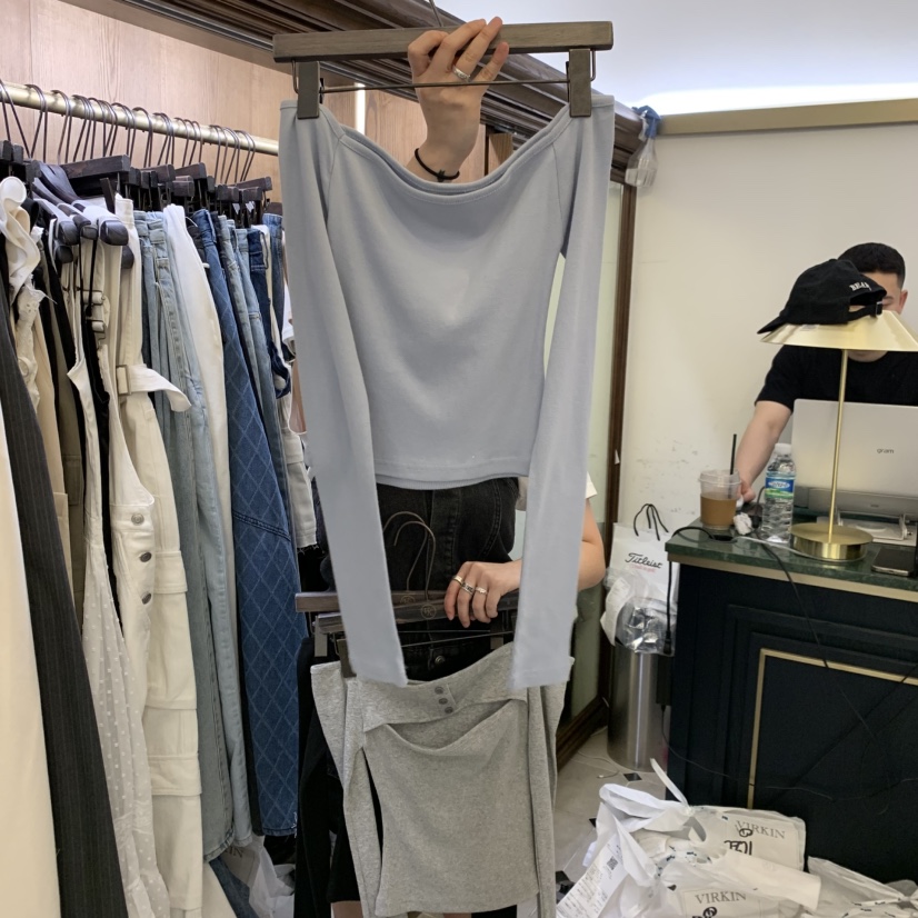 VIRKIN韓國直郵女士新品人氣時尚真品長袖T恤開衩紐扣羅紋VIRKIN長袖T恤