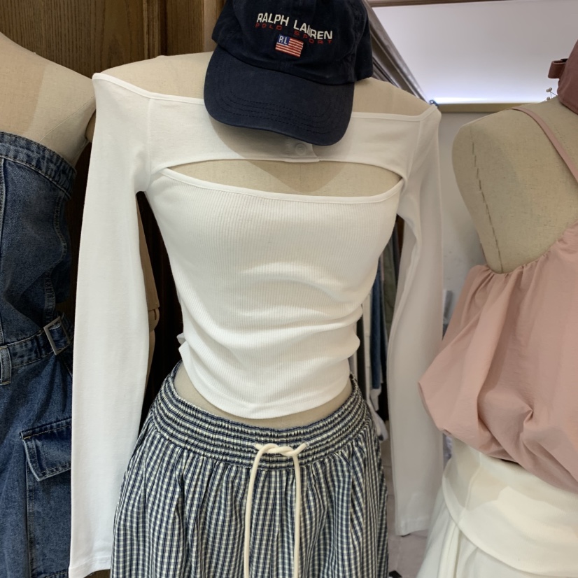 VIRKIN韓國直郵女士新品人氣時尚真品長袖T恤開衩紐扣羅紋VIRKIN長袖T恤圖色1