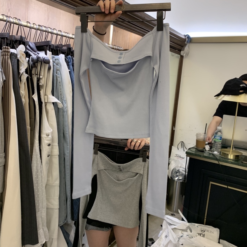 VIRKIN韓國直郵女士新品人氣時尚真品長袖T恤開衩紐扣羅紋VIRKIN長袖T恤圖色2