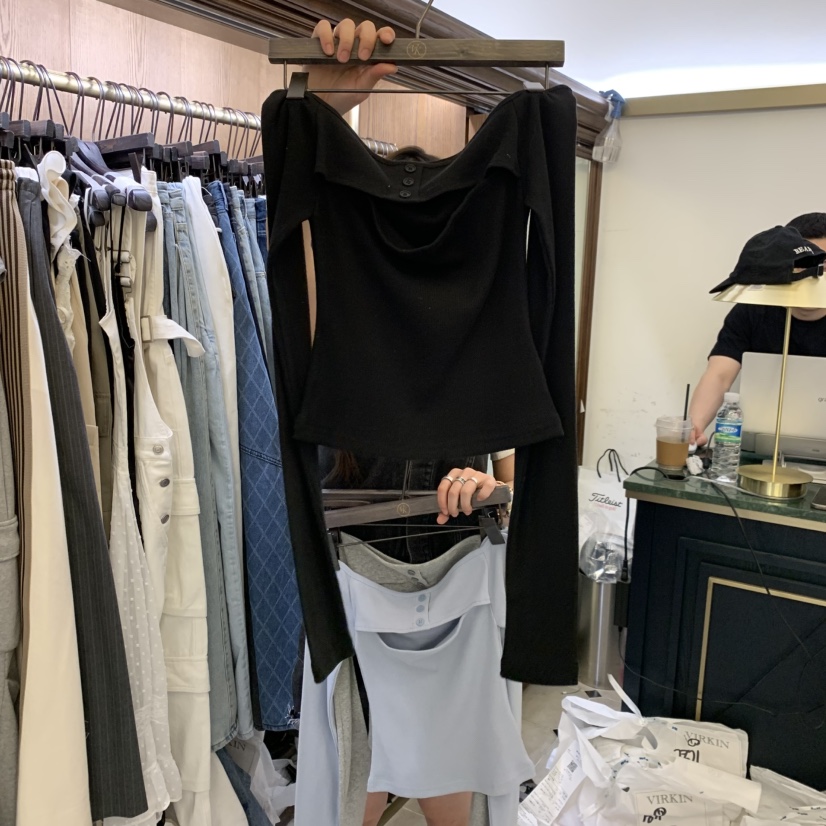 VIRKIN韓國直郵女士新品人氣時尚真品長袖T恤開衩紐扣羅紋VIRKIN長袖T恤圖色3