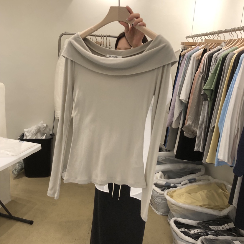MUNSELL韓國代購女士新款26春夏職業時尚休閑長袖T恤露肩MUNSELL長袖T恤圖色2