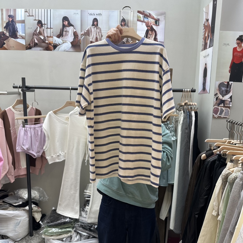 STICK WITH韓國直郵實拍女裝新品時尚休閑推薦人氣T恤條紋STICK WITHT恤圖色1